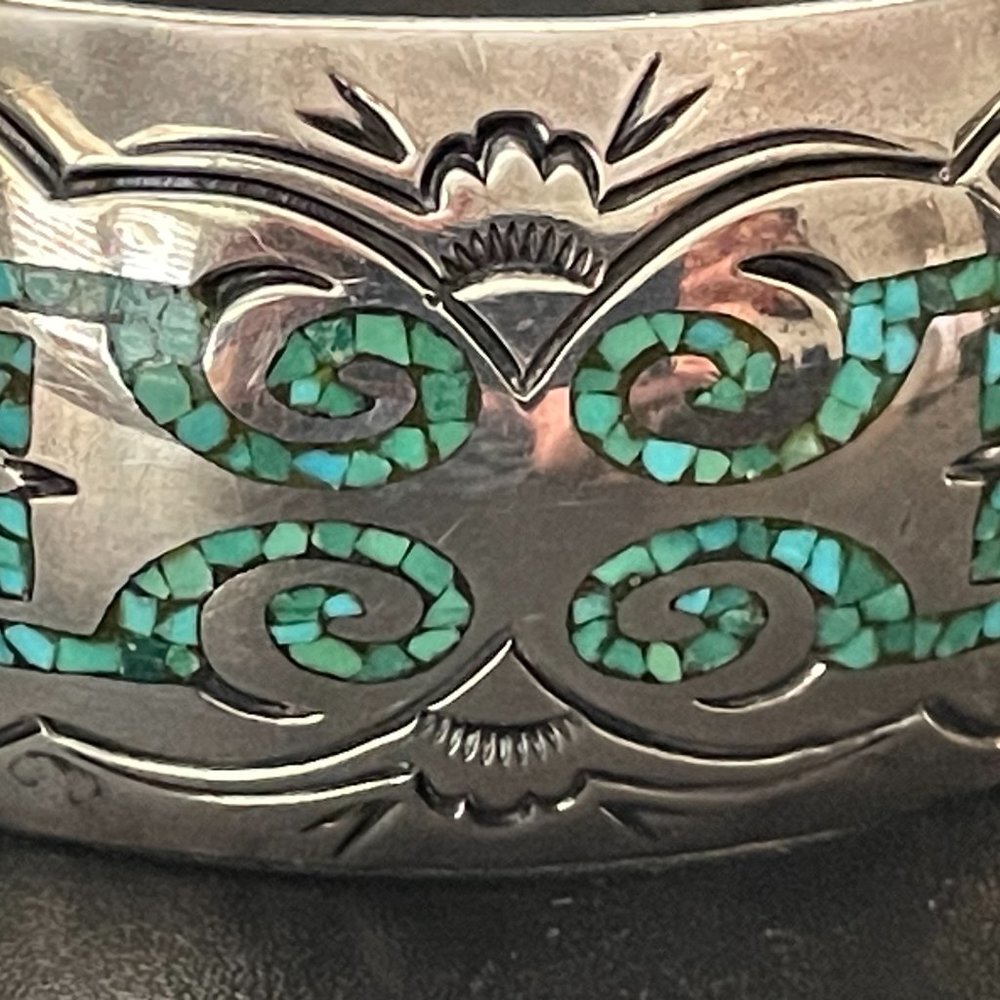 Vintage Silver Turquoise & Coral Inlay Cuff by Alfred Joe Navajo Tribe - Picture 2 of 16